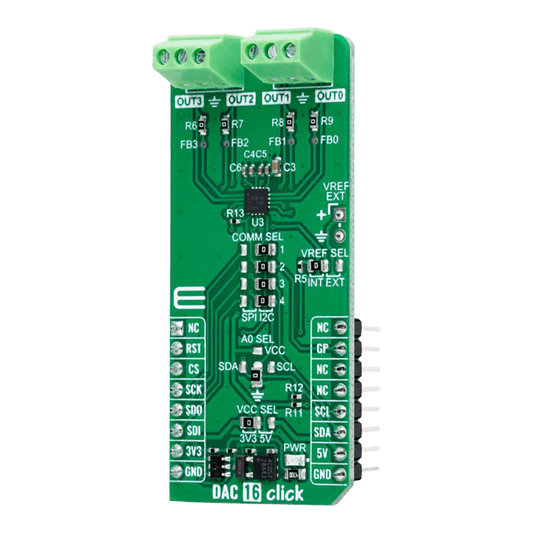 Mikroelektronika d.o.o. MIKROE-6209 DAC 16 Click Board™ - 12-bit Precision DAC for Voltage and Current Output Applications - The Debug Store UK